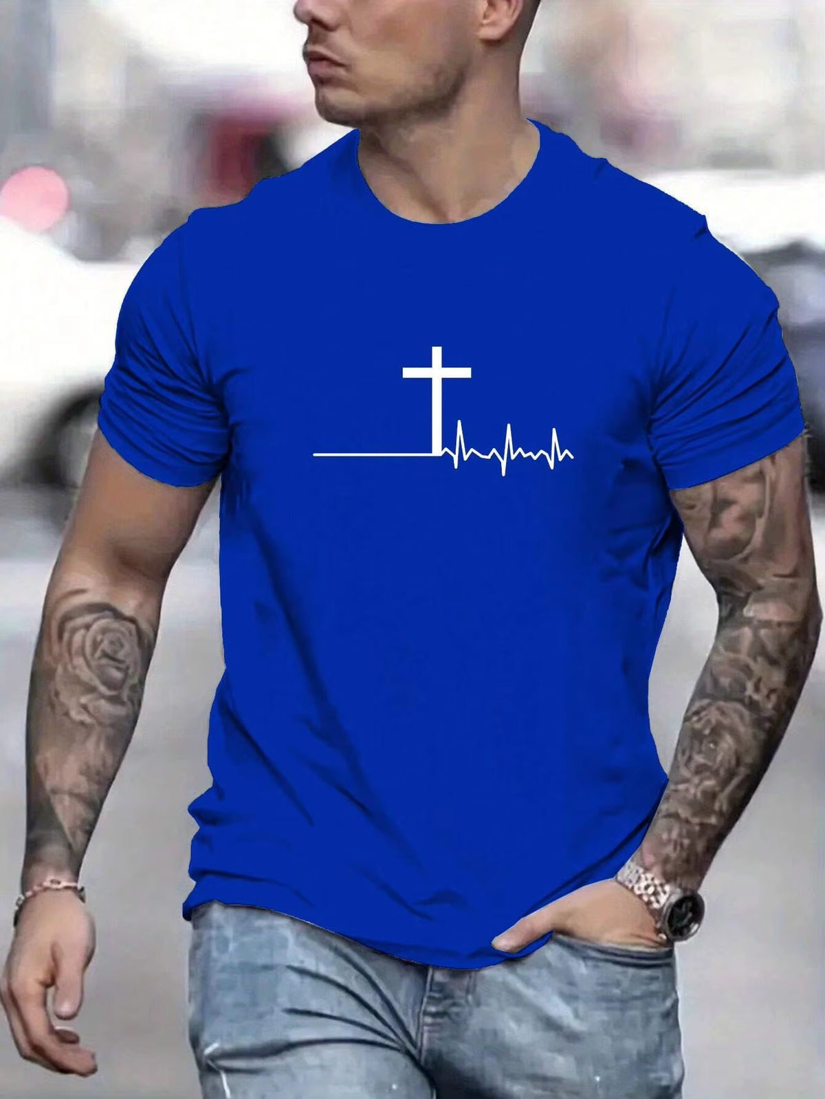Men'S 100% Cotton Summer Loose and Comfortable Fashion Cross Print Slim Fit Casual Sports round Neck Short Sleeved T-Shirt Top