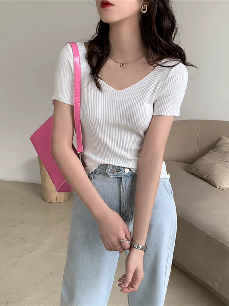 2026 Basic V-Neck Solid Thin Summer Pullover Women Female Knitted Ribbed Sweater Slim Short Sleeve Bodycon Sweater