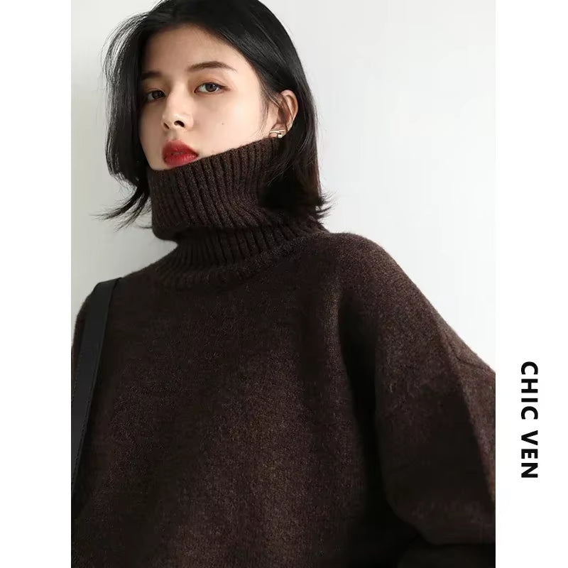 Korean Women'S Sweater Loose Turtleneck Sweaters Warm Solid Pullover Knitwear Basic Female Tops Autumn Winter 2022