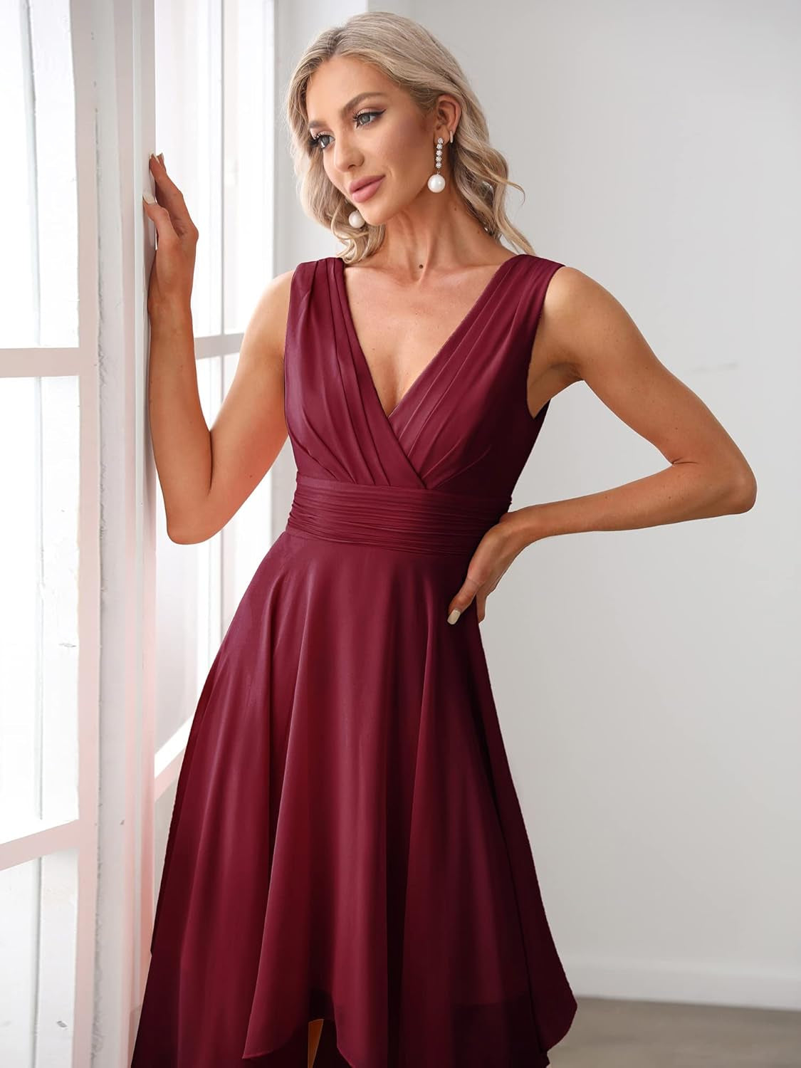 Women'S V Neck Pleated Waist Sleeveless Wedding Guest Dress Chiffon Irregular Hem Cocktail Dresses 03142