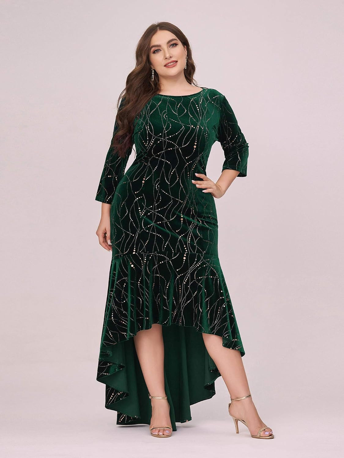 Women'S 3/4 Sleeve Velvet plus Size Mermaid Mother of the Bride Dresses Green US20