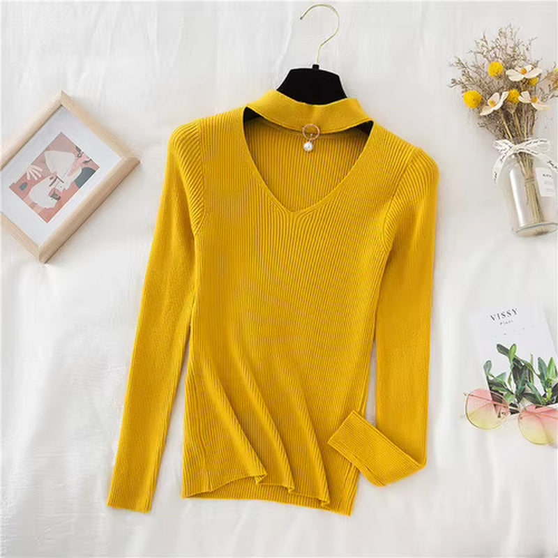 2026 Basic V-Neck Beading Solid Autumn Winter Sweater Pullover Women Knitted Sweaters Slim Stretch Badycon Jumper Mujer
