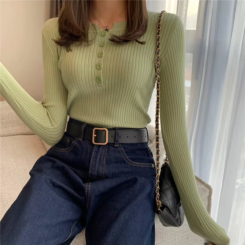 Knitted Women Sweater Button O-Neck Pullovers Spring Autumn Basic Sweaters for Female Pullover Slim Solid Bold Stripes Tops