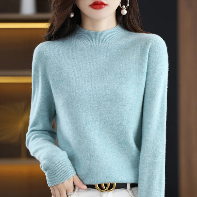 100% Merino Wool Cashmere Sweater Women'S Sweater Semi-High-Necked Long-Sleeved Pullover New Warm Pullover in Autumn and Winter.