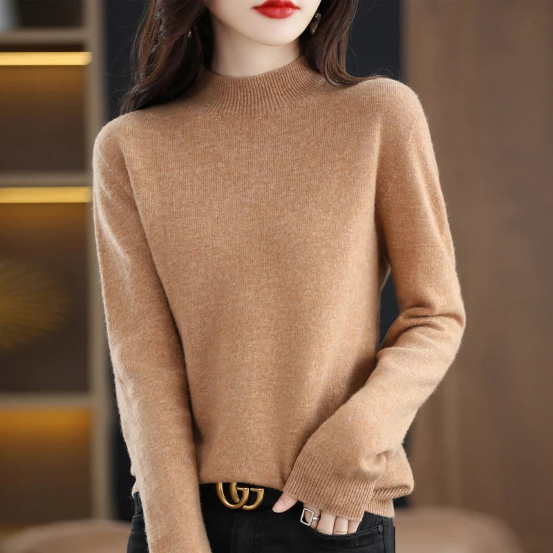 100% Merino Wool Cashmere Sweater Women'S Sweater Semi-High-Necked Long-Sleeved Pullover New Warm Pullover in Autumn and Winter.