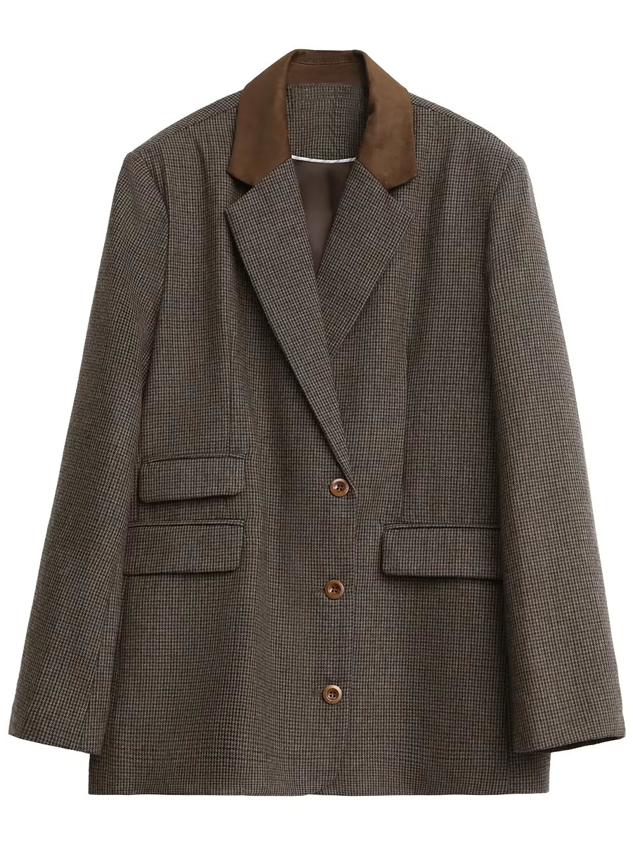 Women'S Woolen Blazer Loose Retro Single Breasted Female Jacket Mid Length Plaid Coat for Woman Autumn Winter 2024
