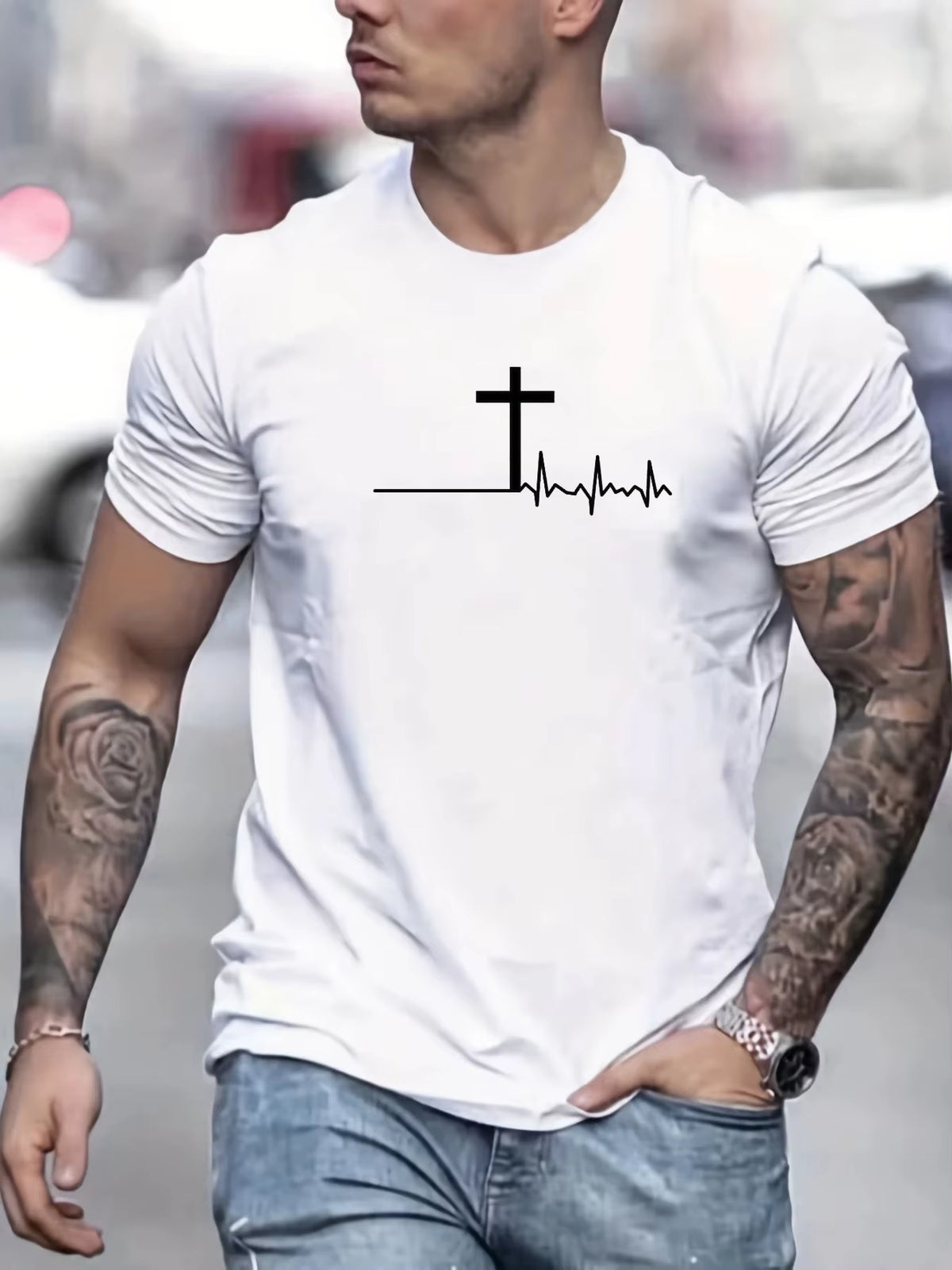 Men'S 100% Cotton Summer Loose and Comfortable Fashion Cross Print Slim Fit Casual Sports round Neck Short Sleeved T-Shirt Top
