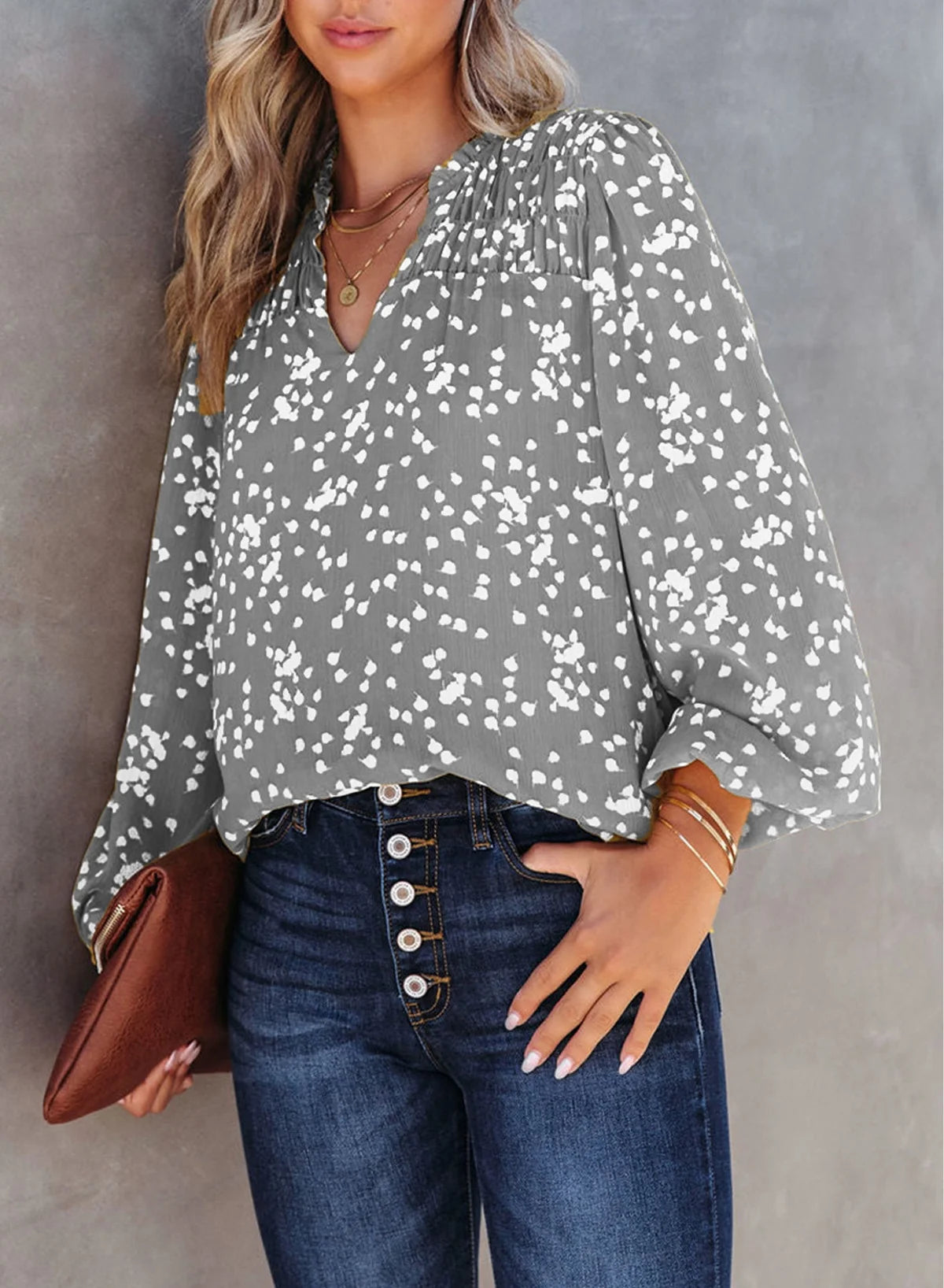 Blouses for Women Casual V Neck Long Sleeve Pleated Smocked Boho Floral Print Tunic Tops Business Dressy Top Shirts Gray M