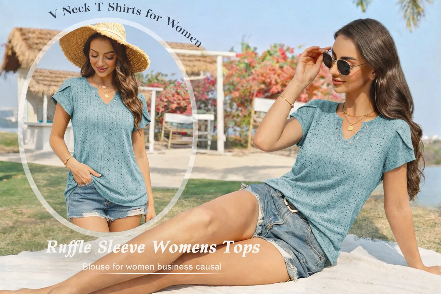 Women T-Shirts Summer Short Sleeve Tops Casual Ruffle Sleeve Tunic Tops Trendy V Neck Tops Loose Ladies Shirts Blouses Blue M