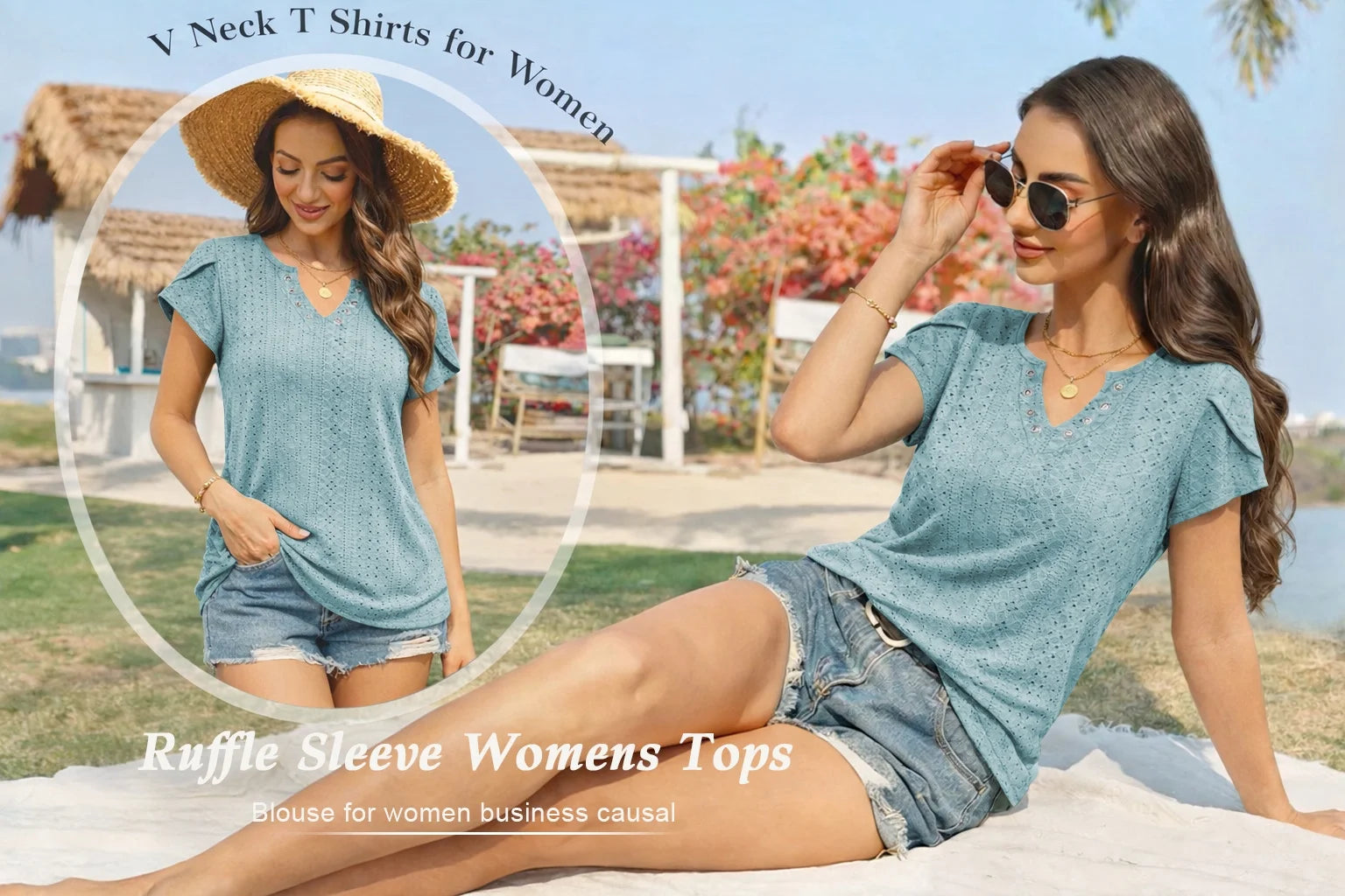 Women T-Shirts Summer Short Sleeve Tops Casual Ruffle Sleeve Tunic Tops Trendy V Neck Tops Loose Ladies Shirts Blouses Blue M