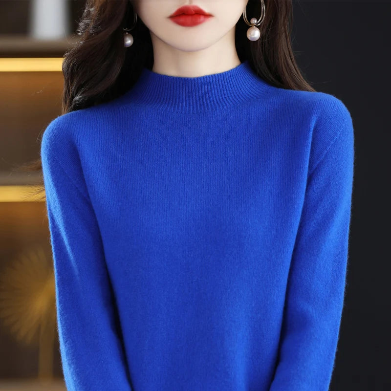 100% Merino Wool Cashmere Sweater Women'S Sweater Semi-High-Necked Long-Sleeved Pullover New Warm Pullover in Autumn and Winter.