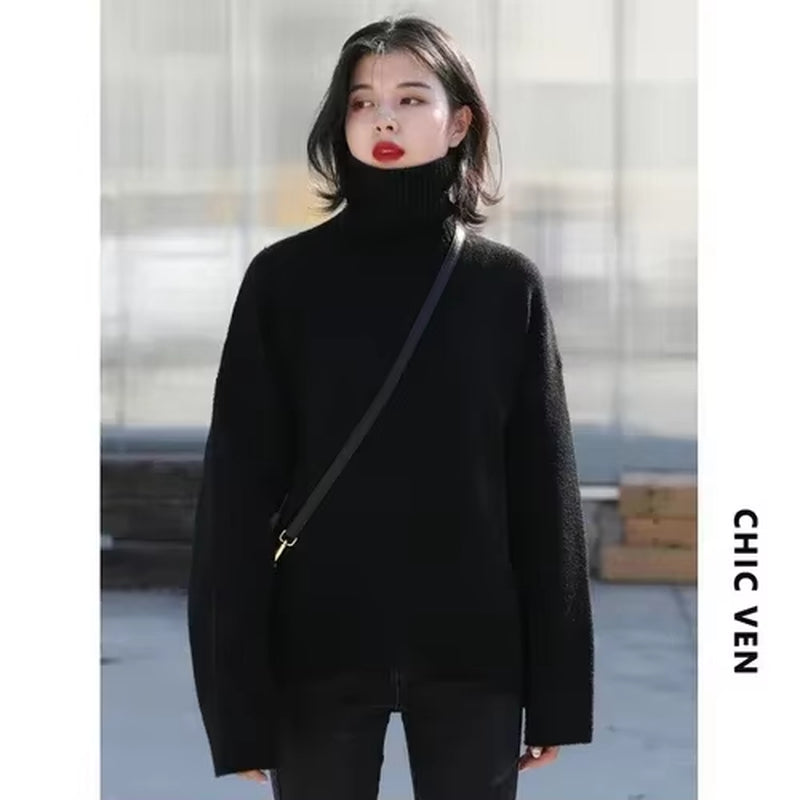 Korean Women'S Sweater Loose Turtleneck Sweaters Warm Solid Pullover Knitwear Basic Female Tops Autumn Winter 2022
