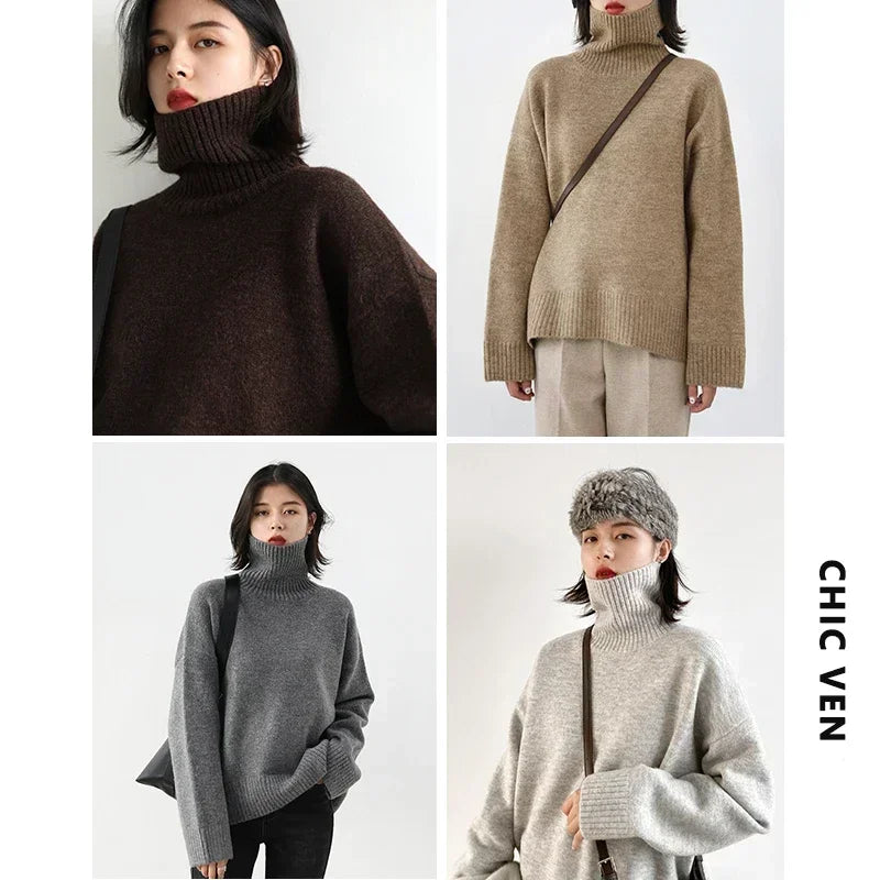Korean Women'S Sweater Loose Turtleneck Sweaters Warm Solid Pullover Knitwear Basic Female Tops Autumn Winter 2022