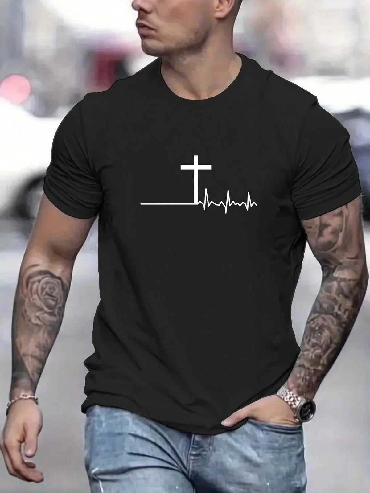 Men'S 100% Cotton Summer Loose and Comfortable Fashion Cross Print Slim Fit Casual Sports round Neck Short Sleeved T-Shirt Top