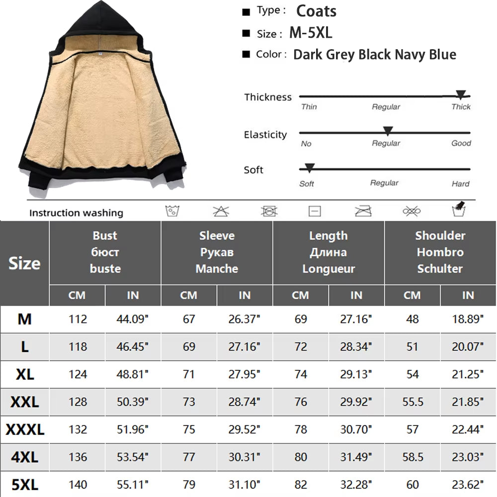 Winter Lambswool Zipper Hoodies High Quality Fleece Jackets Plus-Size Thick Warm Jacket Solid Color Outwear Hooded Coat for Men