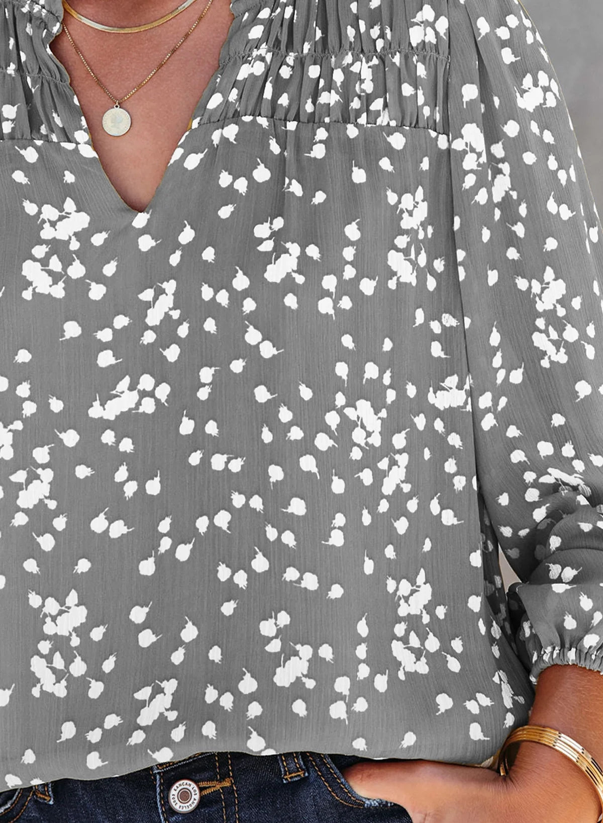 Blouses for Women Casual V Neck Long Sleeve Pleated Smocked Boho Floral Print Tunic Tops Business Dressy Top Shirts Gray M