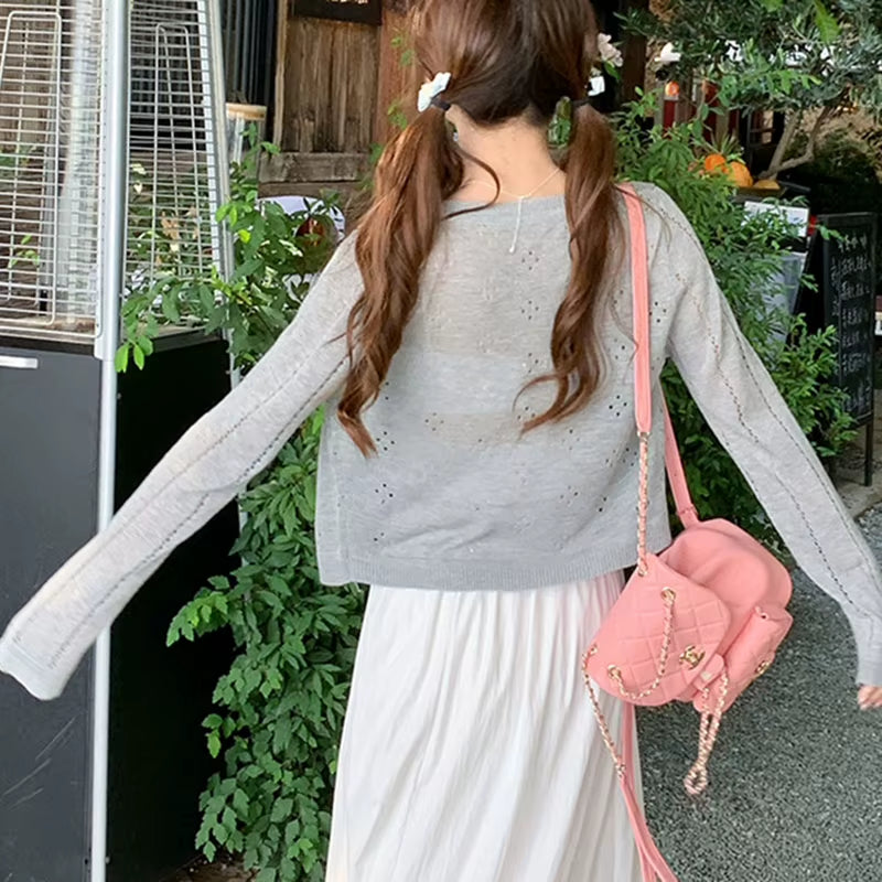 Grey Knitted Cardigan Thin Tops Women Summer Hollow Out Long Sleeve Button Sun Protected Korean Style Short Knitwear Tops Female