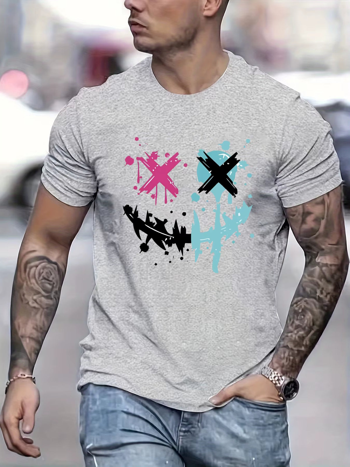 Summer Men'S 100% Pure Cotton Casual Loose Size Smiley Face Pattern Printed Sports Comfortable round Neck Short Sleeved T-Shirt