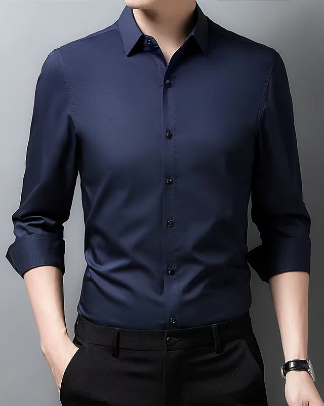 Men'S Casual Fashion Business Solid Color Long Sleeved Shirt