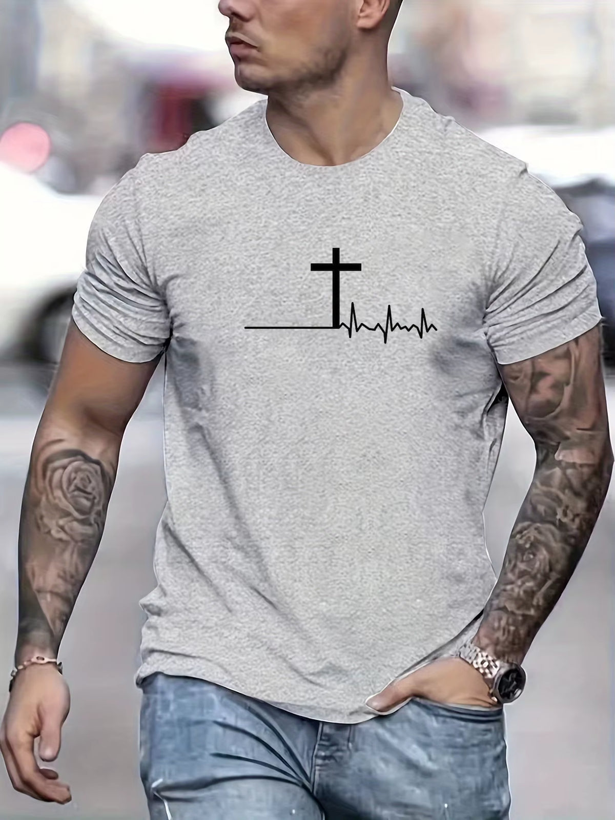 Men'S 100% Cotton Summer Loose and Comfortable Fashion Cross Print Slim Fit Casual Sports round Neck Short Sleeved T-Shirt Top