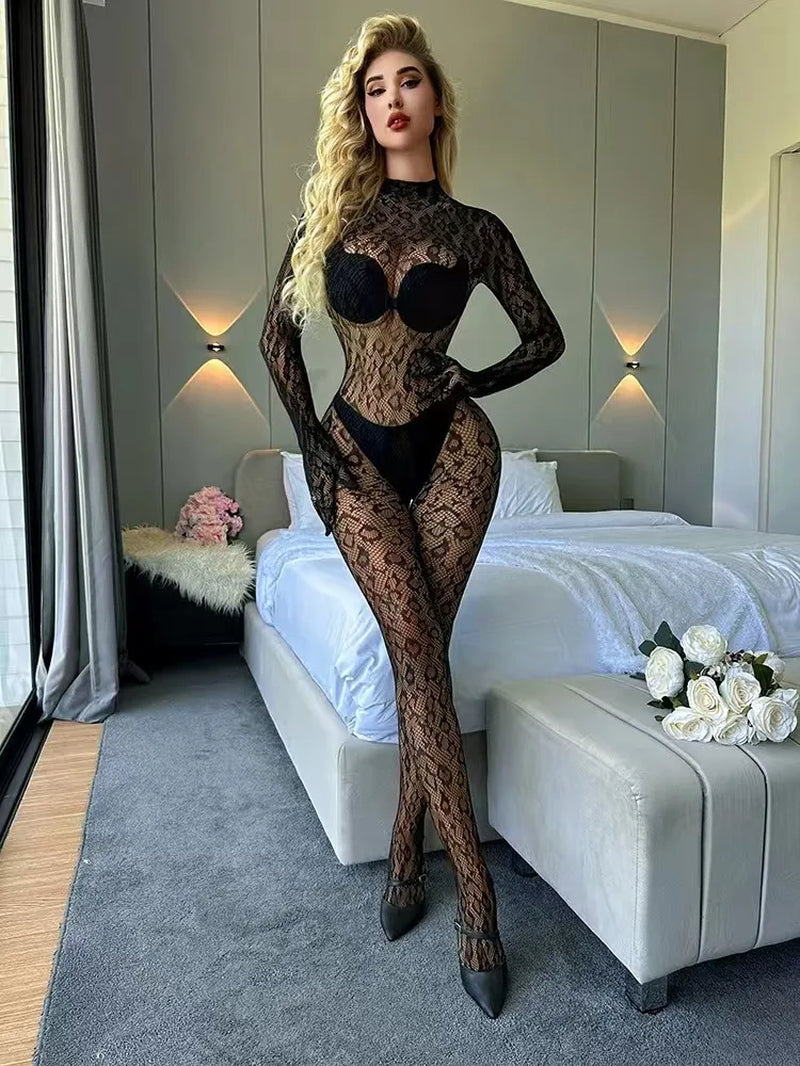 Women Sexy Leopard Hollow Out Mesh Bodystocking Fishnet Lingerie Long Sleeve See through Bodysuit Jumpsuit Nightwear