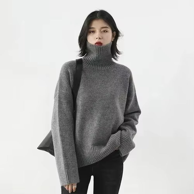 Korean Women'S Sweater Loose Turtleneck Sweaters Warm Solid Pullover Knitwear Basic Female Tops Autumn Winter 2022