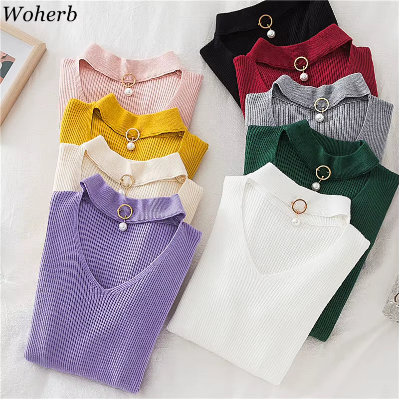 2026 Basic V-Neck Beading Solid Autumn Winter Sweater Pullover Women Knitted Sweaters Slim Stretch Badycon Jumper Mujer