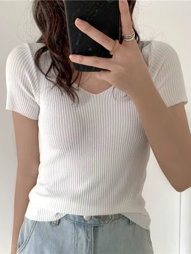 2026 Basic V-Neck Solid Thin Summer Pullover Women Female Knitted Ribbed Sweater Slim Short Sleeve Bodycon Sweater