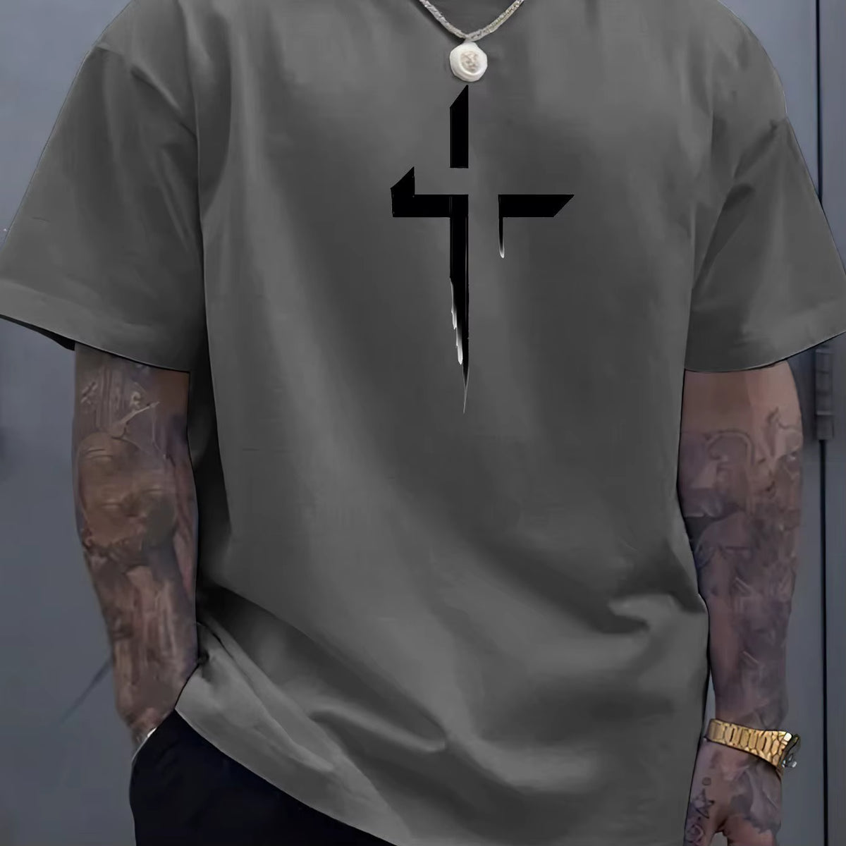 Summer Men'S 100% Pure Cotton Casual Loose plus Size Cross Creative Printed Sports Comfortable round Neck Short Sleeved T-Shirt