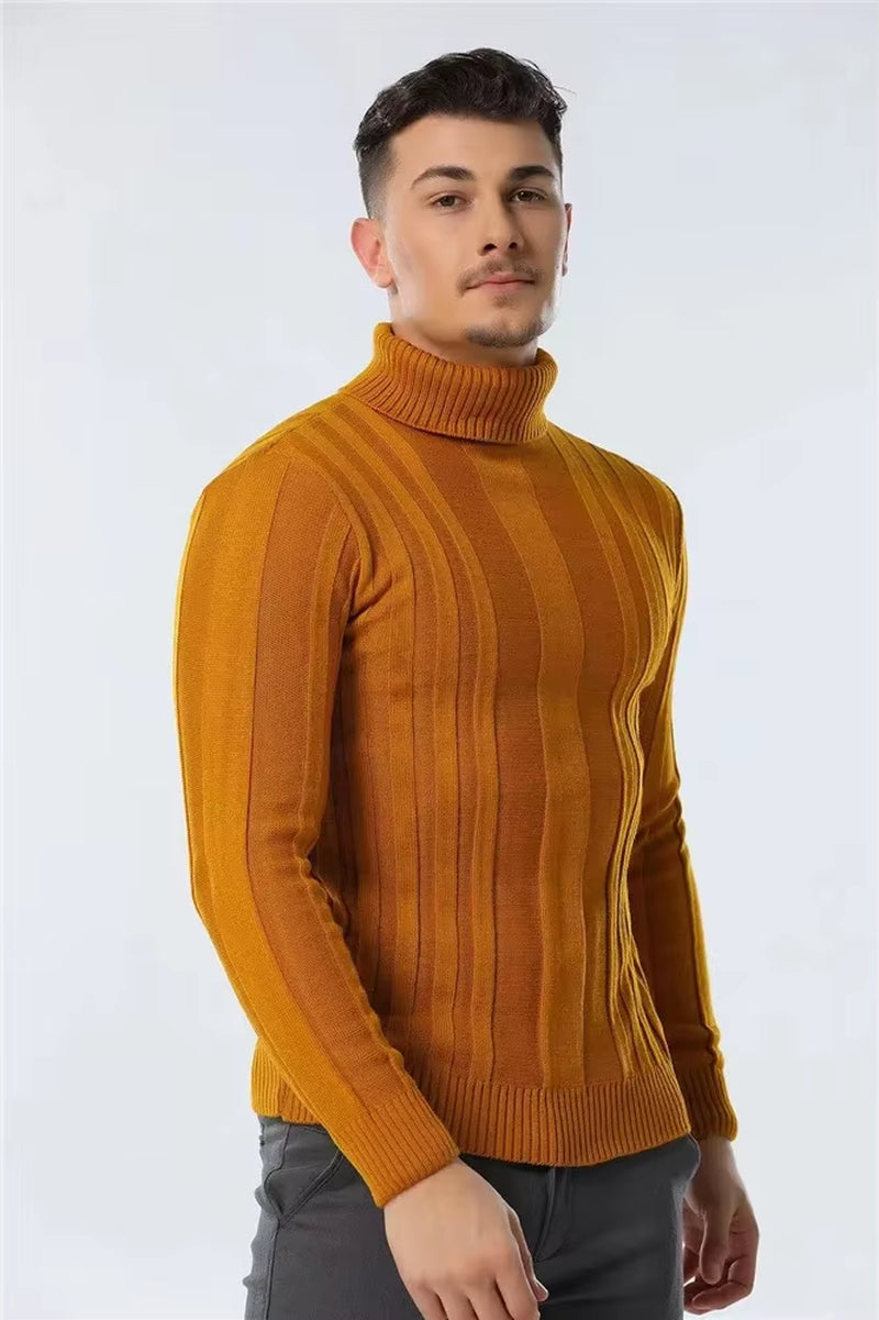 Slim Fit Pullovers Turtleneck Men Casual Basic Solid Color Warm Striped Sweater Mens New Winter Fashion Sweaters Male