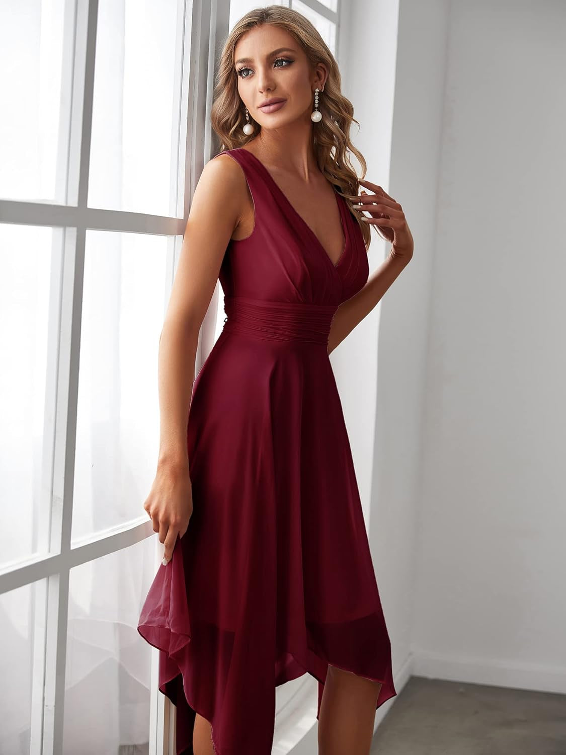 Women'S V Neck Pleated Waist Sleeveless Wedding Guest Dress Chiffon Irregular Hem Cocktail Dresses 03142