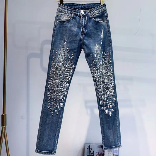 Fashion Vintage Women Luxury Embroidered Flares Diamond Denim Jeans Women Beaded Skinny Pencil