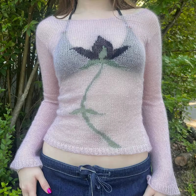 Flower Long Sleeve Knitted Crop Tops Aesthetic See through Sweater Tees 90S Vintage Y2K Gyaru Crop Tops Jumpers Cottage Clothes