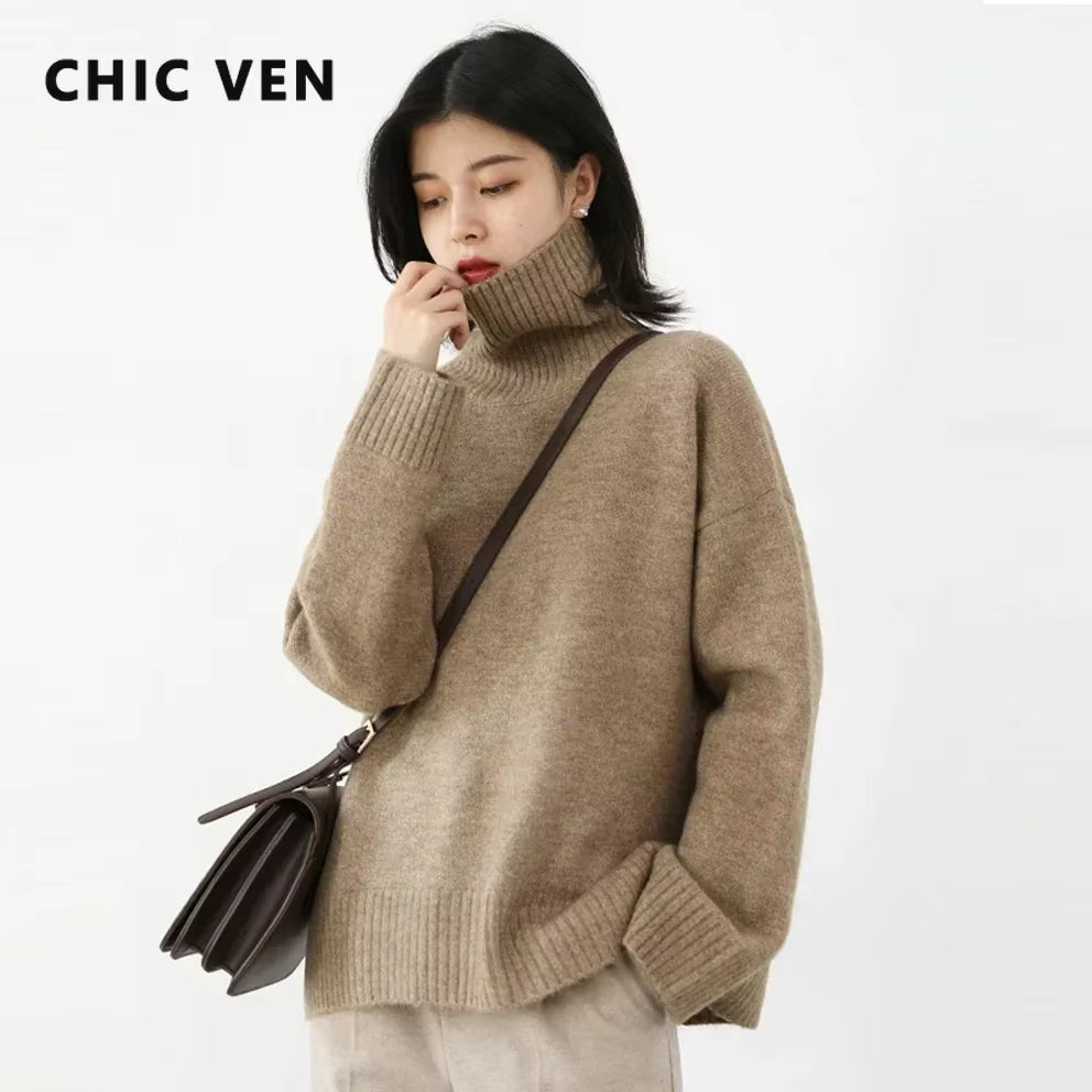 Korean Women'S Sweater Loose Turtleneck Sweaters Warm Solid Pullover Knitwear Basic Female Tops Autumn Winter 2022