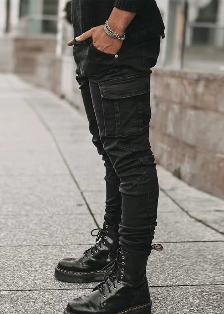 Street Elastic Jeans Men Denim Cargo Pants Wash Solid Color Multi Pockets Casual Mid Waist Trousers Slim Fit Daily Wear Joggers