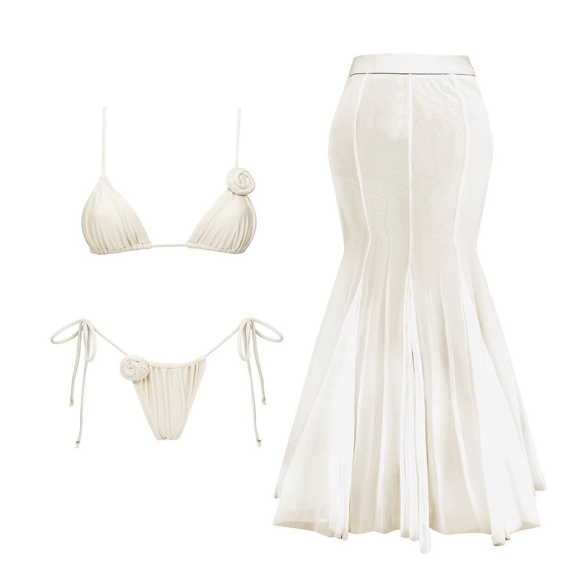 Flower Bikini Women Sexy Swimsuit Push up Swimwear Female Mesh Skirt Bandeau Biquini Solid White Bathingsuit Swim Suit Beachwear