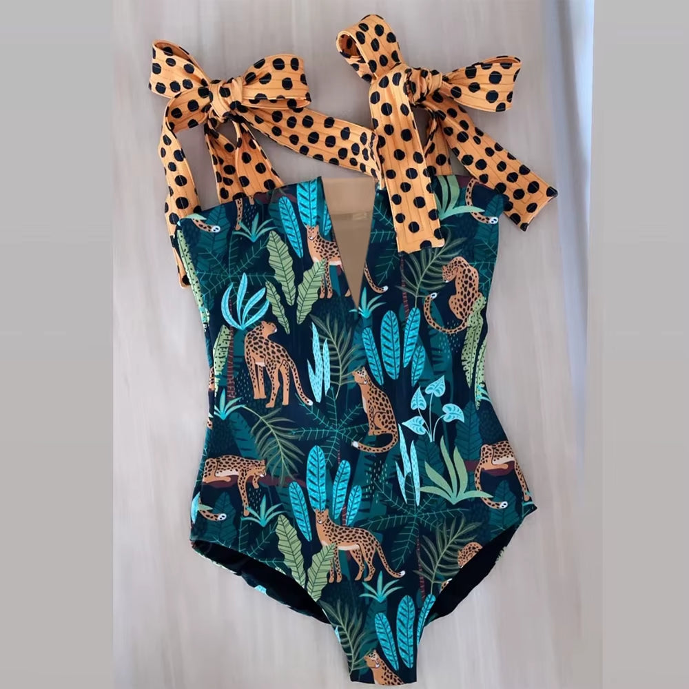 One Piece Swimsuit New Cute Swimwear Women Bow Swimwear Hollow Out Bathing Suit Back Crisscross Monokini Swim