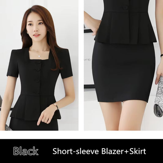 S-4XL Office Women Skirt Suits Summer Spring Autumn Fashion Elegant U-Neck Long-Sleeve Slim Work Blazer Suits Pants Sets Female