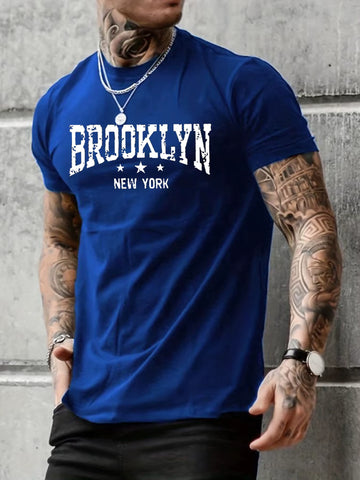 Men'S 100% Pure Cotton Summer Casual Loose Brooklyn New York Letter Printed Comfortable round Neck Short Sleeved T-Shirt Top