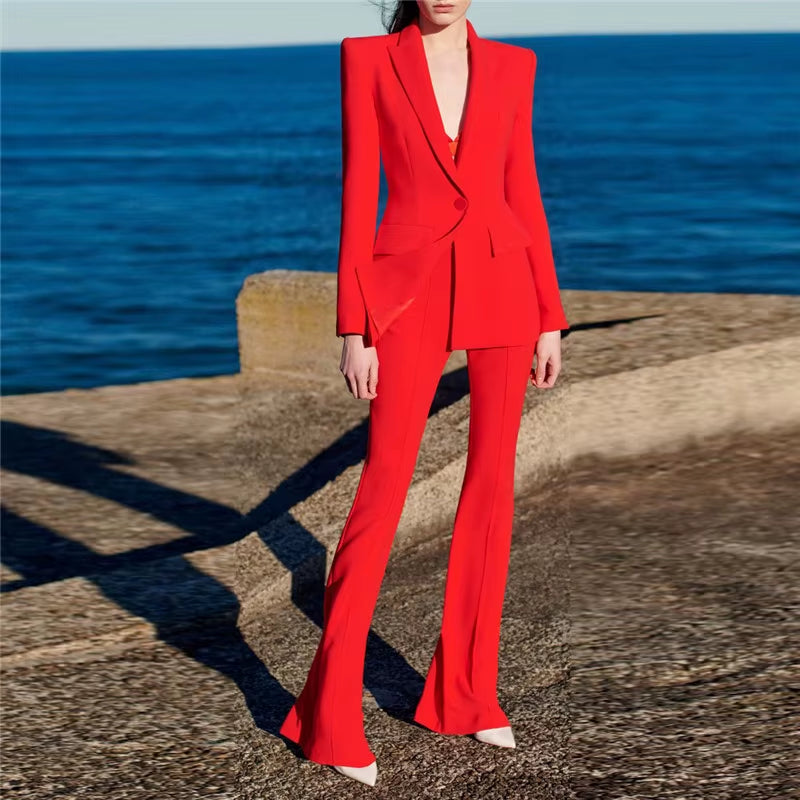 Office Ladies Pantsuit Women Yellow Purple Business Classic Single Buttons Flared Pants Blazer + Pants Two Piece Set Formal Suit