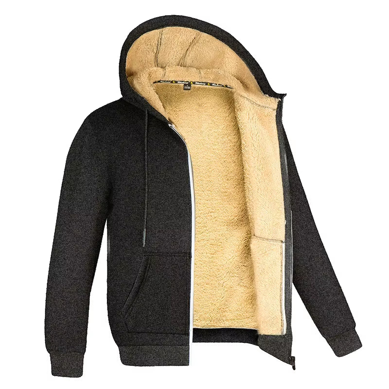 Winter Lambswool Zipper Hoodies High Quality Fleece Jackets Plus-Size Thick Warm Jacket Solid Color Outwear Hooded Coat for Men