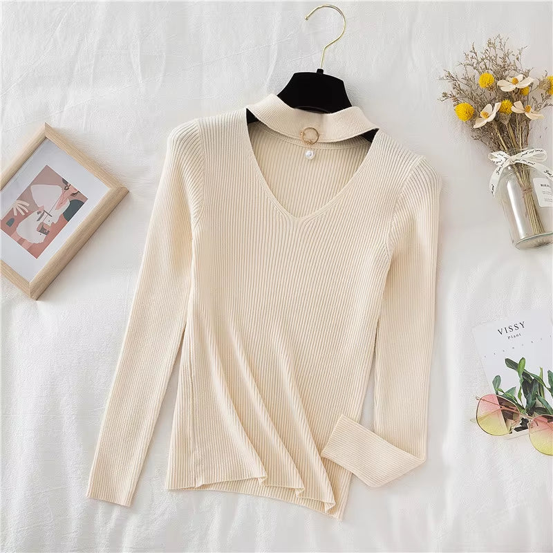 2026 Basic V-Neck Beading Solid Autumn Winter Sweater Pullover Women Knitted Sweaters Slim Stretch Badycon Jumper Mujer