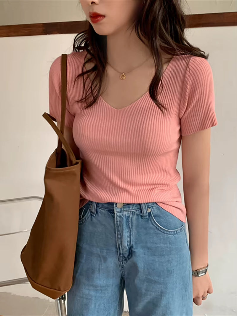 2026 Basic V-Neck Solid Thin Summer Pullover Women Female Knitted Ribbed Sweater Slim Short Sleeve Bodycon Sweater