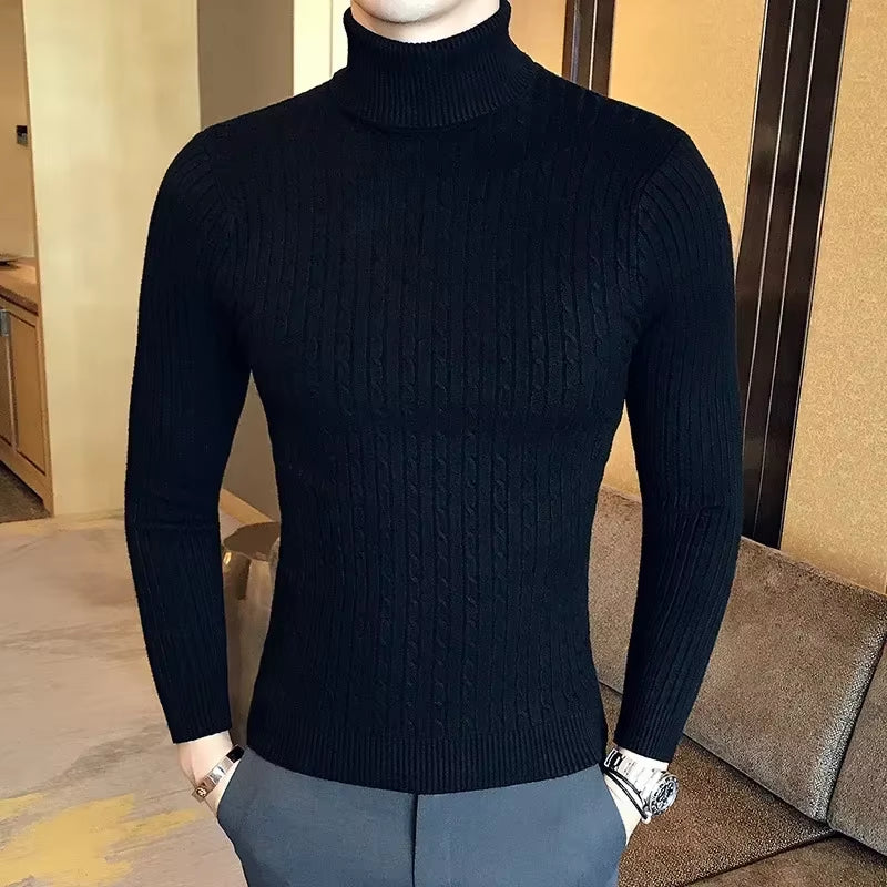 European and American New High-Neck Sweater. Men'S Solid Color Twisted Long-Sleeved Knitted Sweater for Winter.
