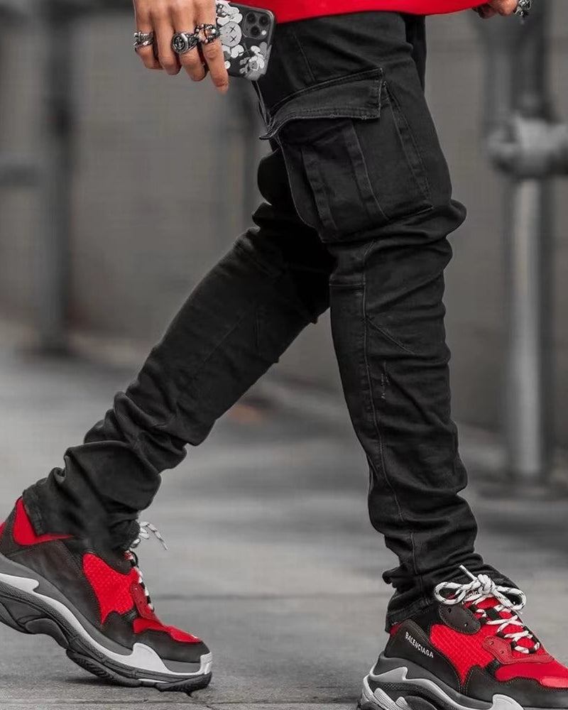 Street Elastic Jeans Men Denim Cargo Pants Wash Solid Color Multi Pockets Casual Mid Waist Trousers Slim Fit Daily Wear Joggers