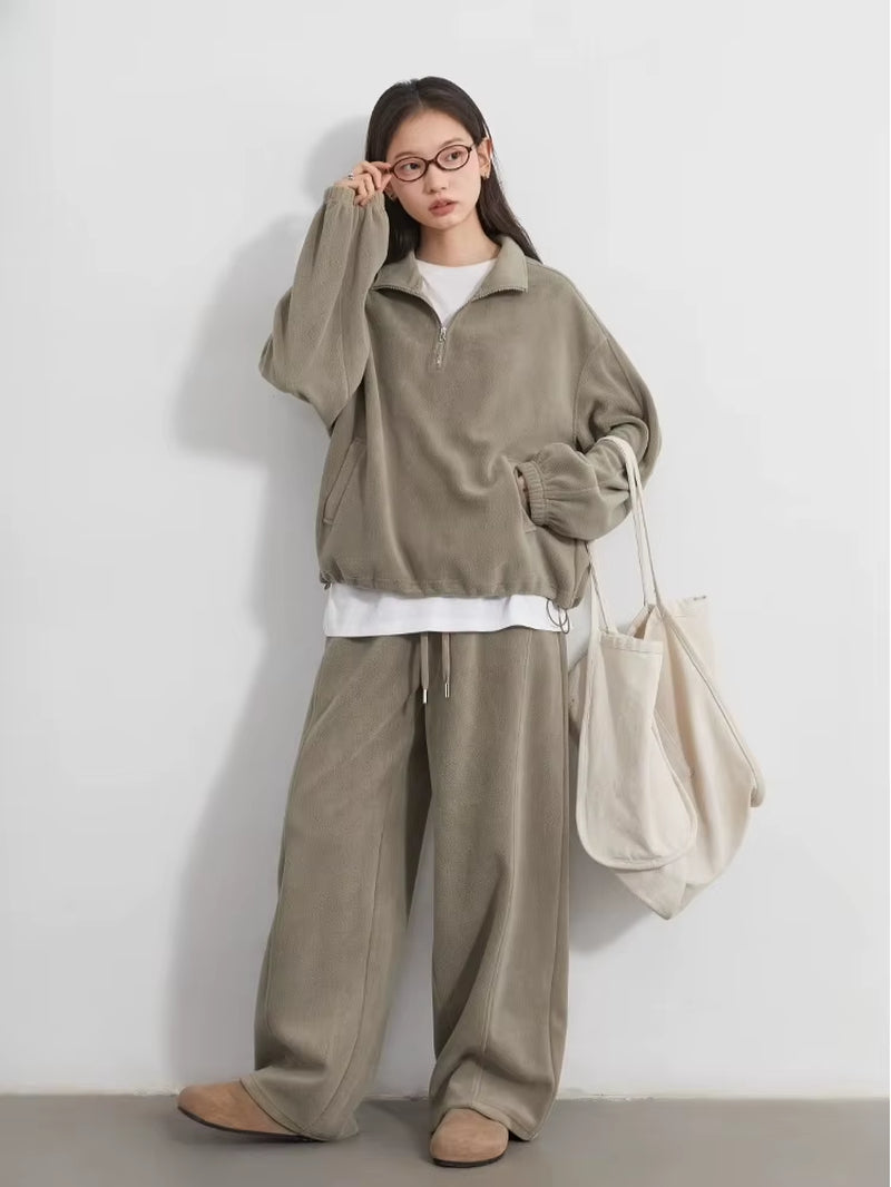 Women Sweatsuit Loose Casual New Granular Velvet Stand Collar Female Top Pants Set for Woman Sport Autumn Winter 2025