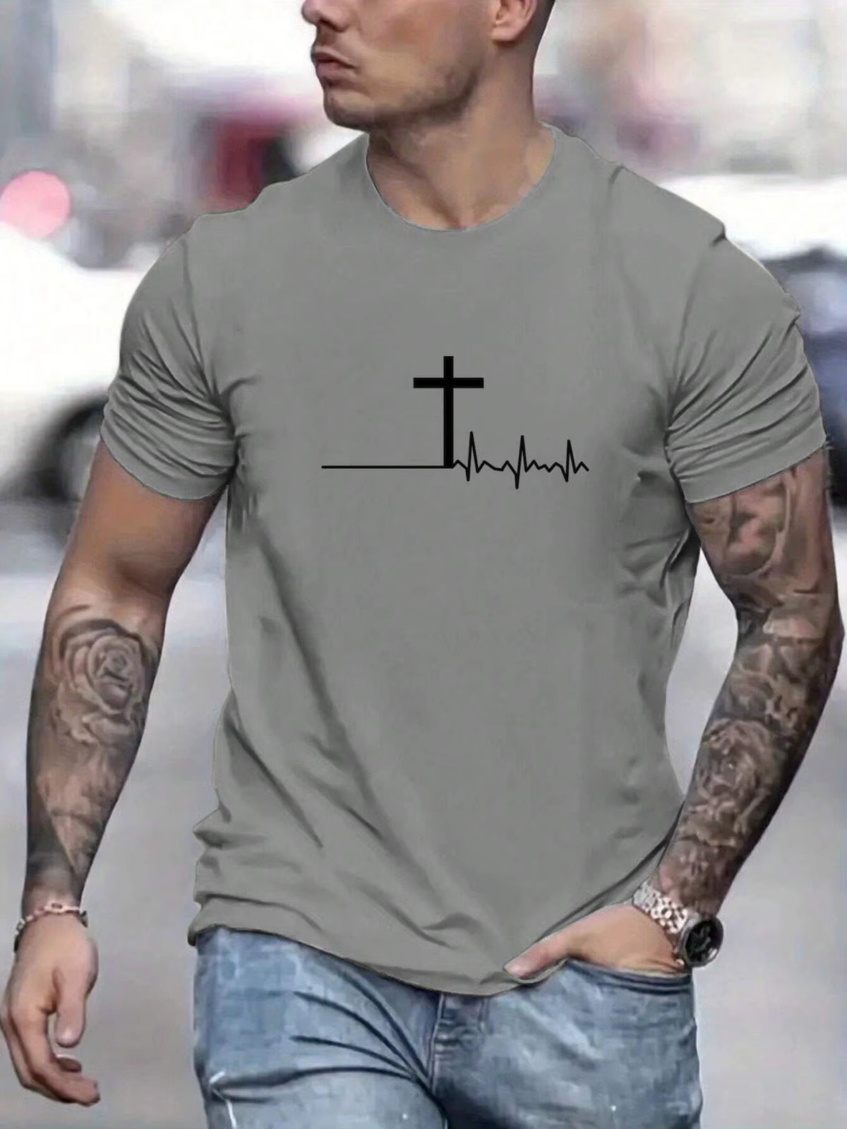 Men'S 100% Cotton Summer Loose and Comfortable Fashion Cross Print Slim Fit Casual Sports round Neck Short Sleeved T-Shirt Top