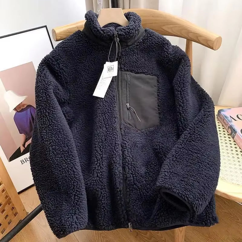 Autumn and Winter Japanese Men'S and Women'S Fleece Stand Neck Jacket Couple Zipper Loose Warm Lamb Wool Coat Solid Color Jacket
