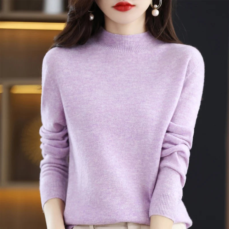 100% Merino Wool Cashmere Sweater Women'S Sweater Semi-High-Necked Long-Sleeved Pullover New Warm Pullover in Autumn and Winter.