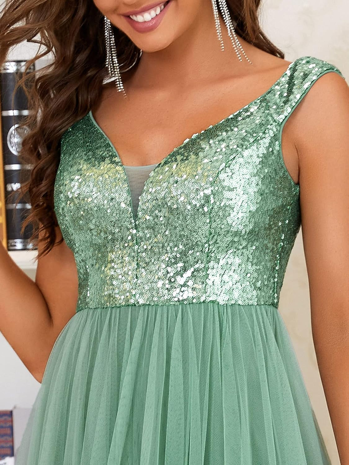Womens V Neck A-Line Maxi Mother of the Groom Dress Mild Green US14